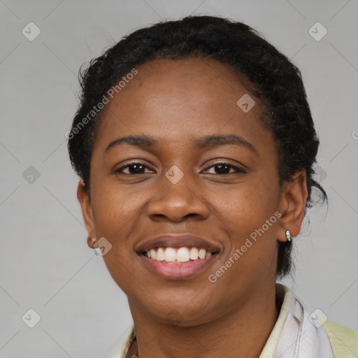 Joyful latino young-adult female with short  black hair and brown eyes