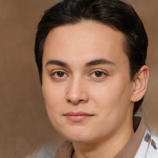 Joyful white young-adult male with medium  brown hair and brown eyes