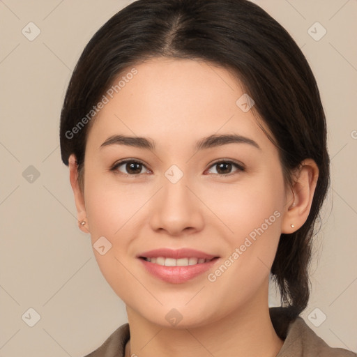 Joyful white young-adult female with medium  brown hair and brown eyes