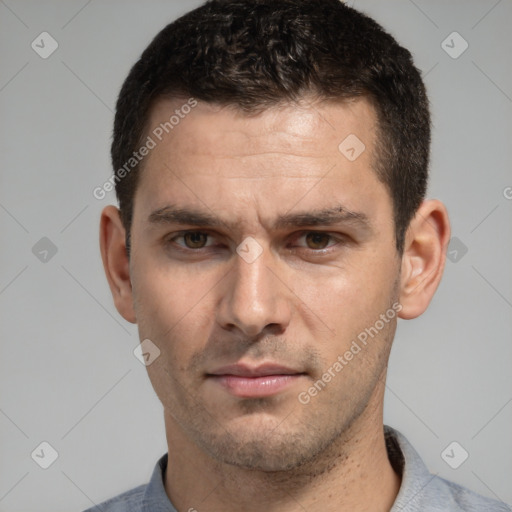 Neutral white adult male with short  brown hair and brown eyes