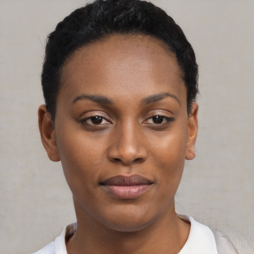 Neutral black young-adult female with short  black hair and brown eyes