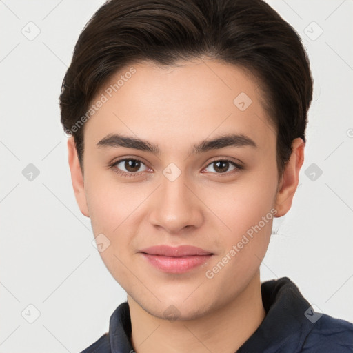 Joyful white young-adult female with short  brown hair and brown eyes