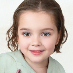 Joyful white child female with medium  brown hair and blue eyes