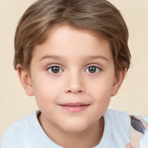 Joyful white child female with short  brown hair and brown eyes