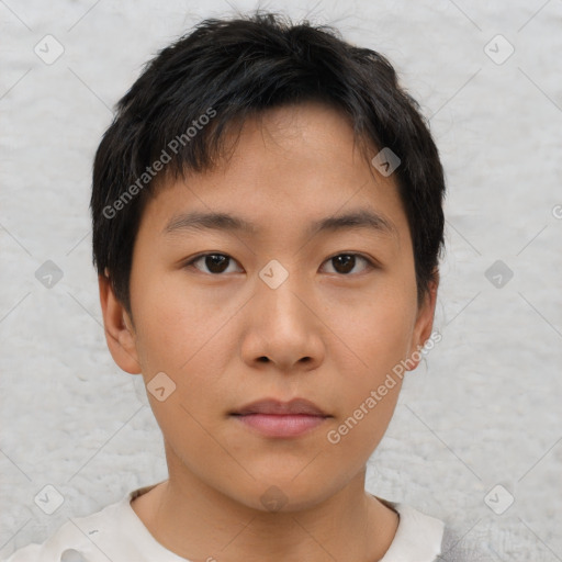 Neutral asian young-adult male with short  brown hair and brown eyes