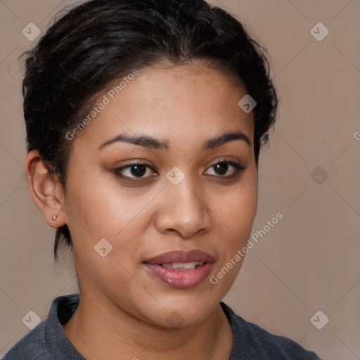 Joyful latino young-adult female with short  brown hair and brown eyes