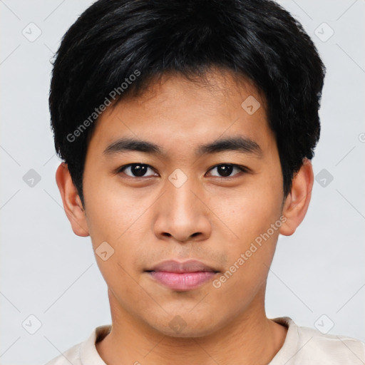 Neutral asian young-adult male with short  black hair and brown eyes