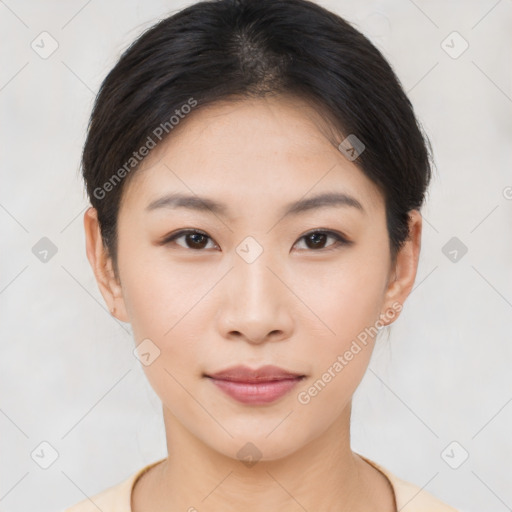 Neutral asian young-adult female with short  brown hair and brown eyes