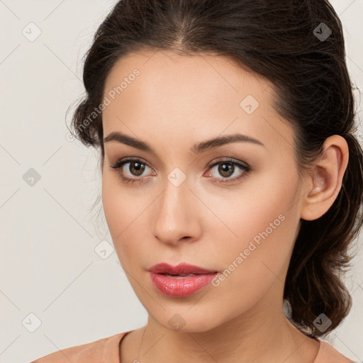 Neutral white young-adult female with medium  brown hair and brown eyes