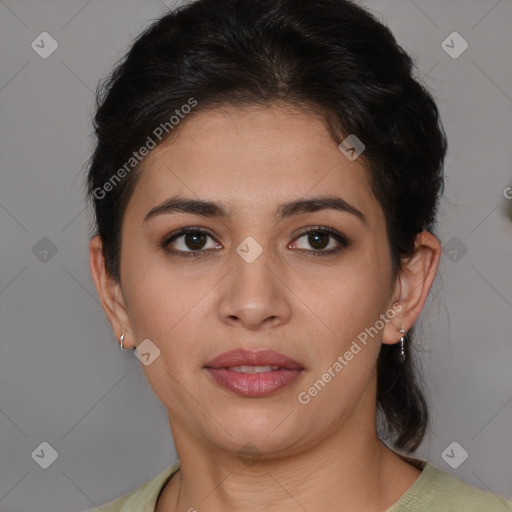 Joyful latino young-adult female with short  brown hair and brown eyes