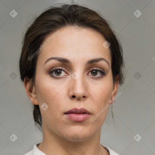 Neutral white young-adult female with medium  brown hair and brown eyes