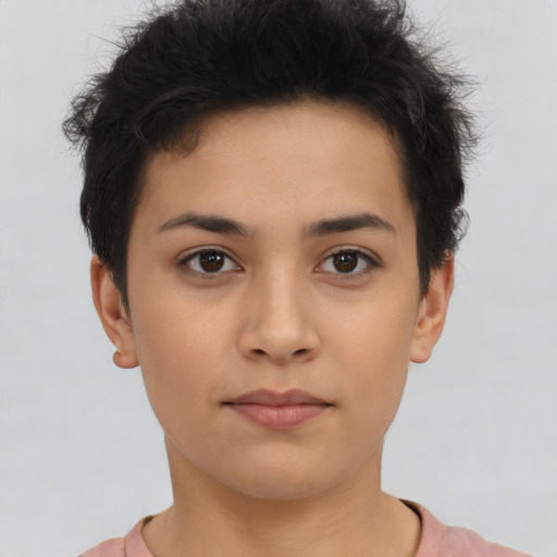 Neutral asian young-adult female with short  brown hair and brown eyes