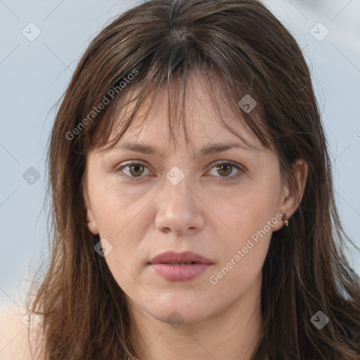 Neutral white adult female with long  brown hair and brown eyes