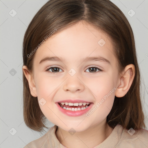 Joyful white child female with medium  brown hair and brown eyes