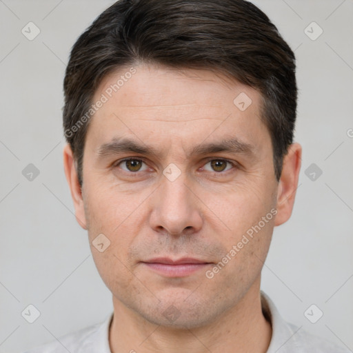 Neutral white adult male with short  brown hair and brown eyes