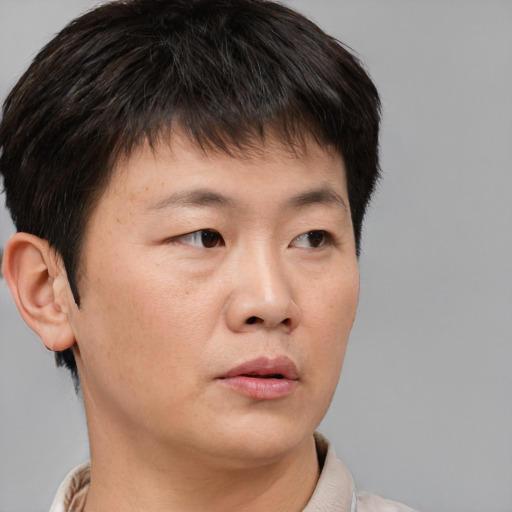 Neutral asian young-adult male with short  brown hair and brown eyes