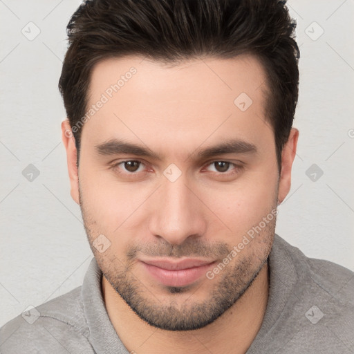 Joyful white young-adult male with short  brown hair and brown eyes