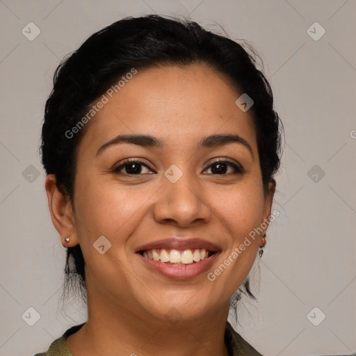 Joyful latino young-adult female with medium  black hair and brown eyes