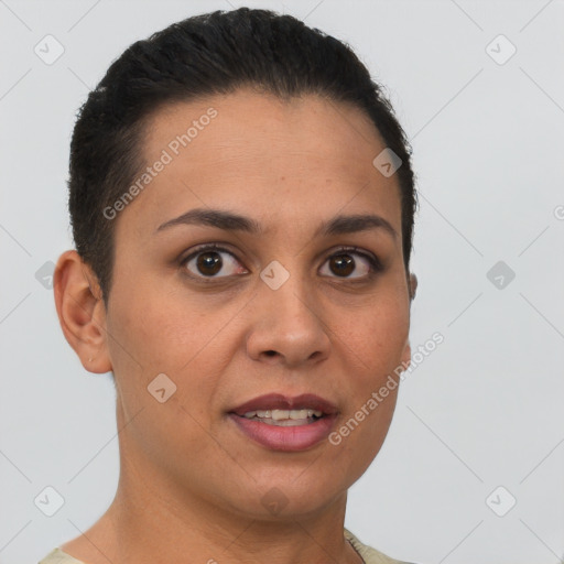 Joyful white young-adult female with short  brown hair and brown eyes