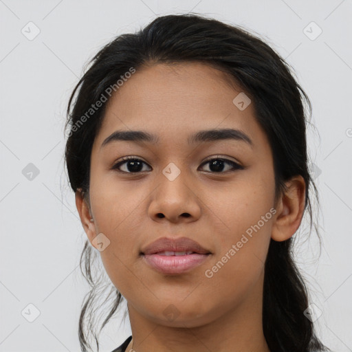 Joyful asian young-adult female with medium  black hair and brown eyes