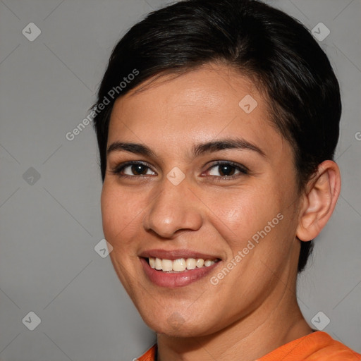 Joyful white young-adult female with short  brown hair and brown eyes