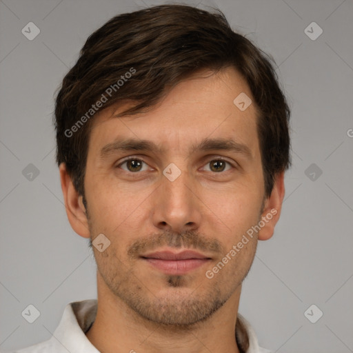 Joyful white young-adult male with short  brown hair and brown eyes