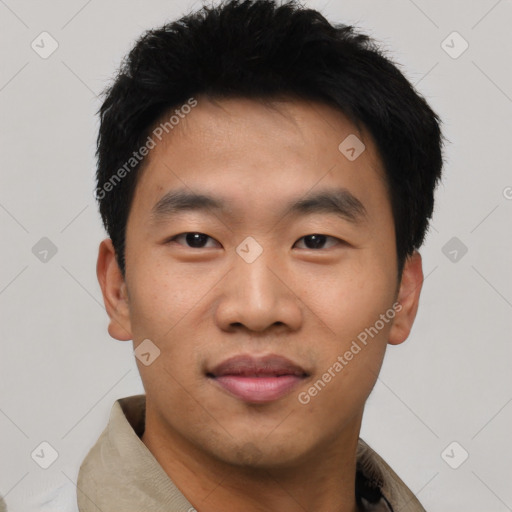 Neutral asian young-adult male with short  black hair and brown eyes