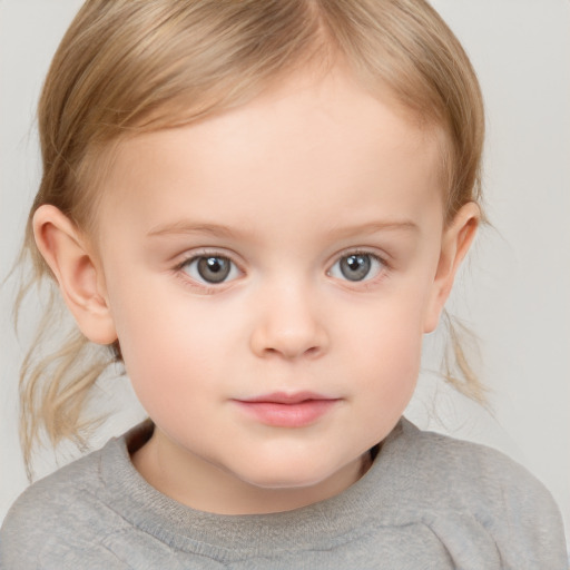 Neutral white child female with medium  brown hair and grey eyes