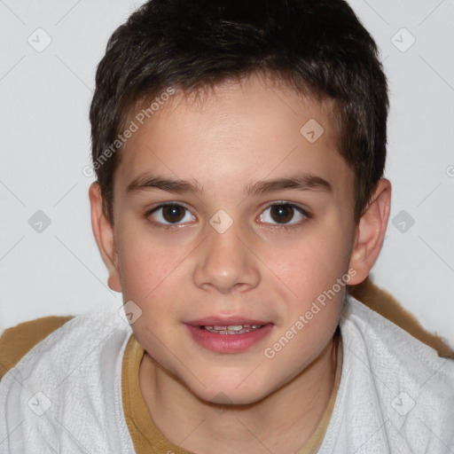 Joyful white child male with short  brown hair and brown eyes