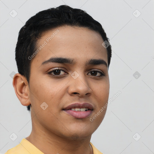 Joyful latino young-adult female with short  brown hair and brown eyes
