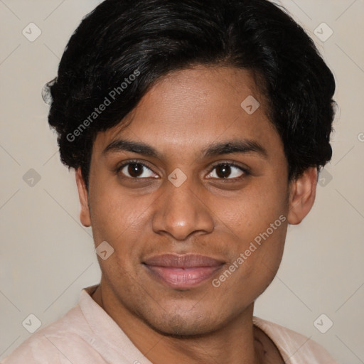 Joyful latino young-adult male with short  brown hair and brown eyes