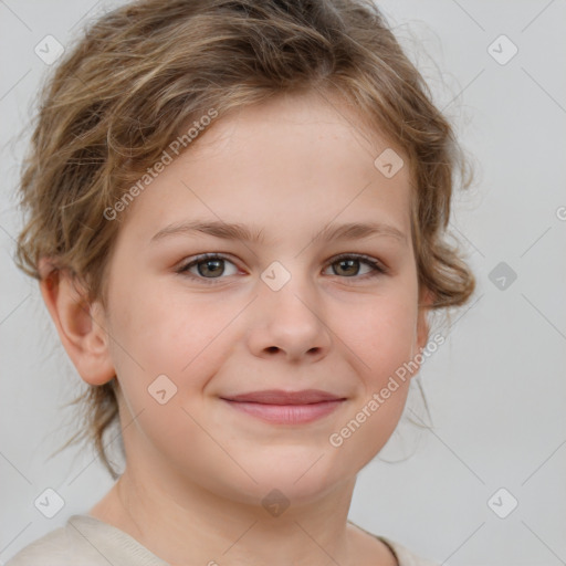 Joyful white child female with medium  brown hair and brown eyes