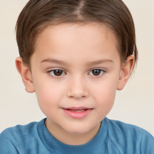 Joyful white child female with short  brown hair and brown eyes