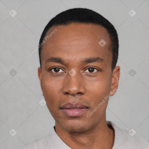 Neutral black young-adult male with short  black hair and brown eyes