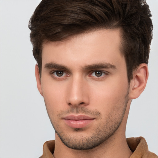 Neutral white young-adult male with short  brown hair and brown eyes