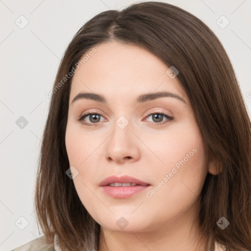 Neutral white young-adult female with medium  brown hair and brown eyes