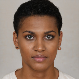 Neutral black young-adult female with short  black hair and brown eyes