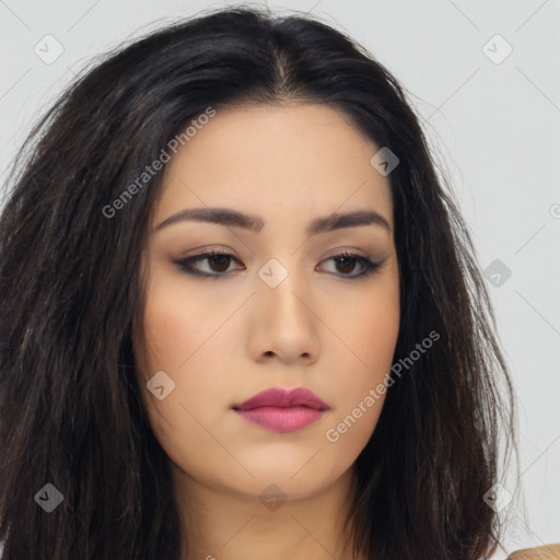 Neutral asian young-adult female with long  black hair and brown eyes