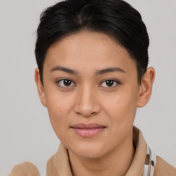 Joyful asian young-adult female with short  brown hair and brown eyes