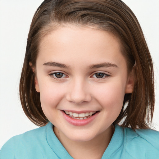 Joyful white child female with medium  brown hair and brown eyes