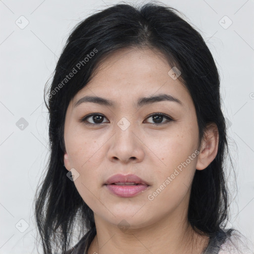 Neutral asian young-adult female with medium  brown hair and brown eyes