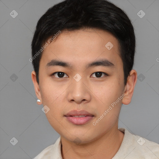 Neutral asian young-adult male with short  black hair and brown eyes
