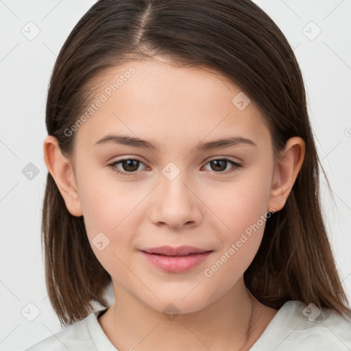 Joyful white child female with medium  brown hair and brown eyes