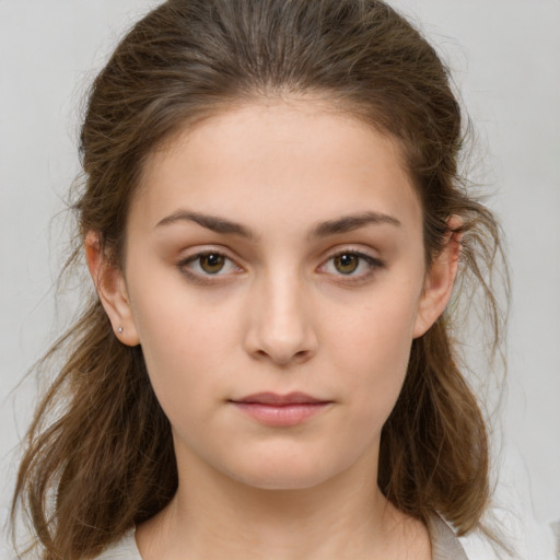 Neutral white young-adult female with medium  brown hair and brown eyes