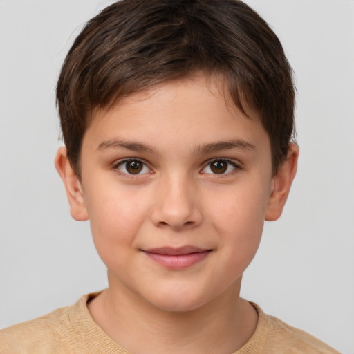 Joyful white child female with short  brown hair and brown eyes