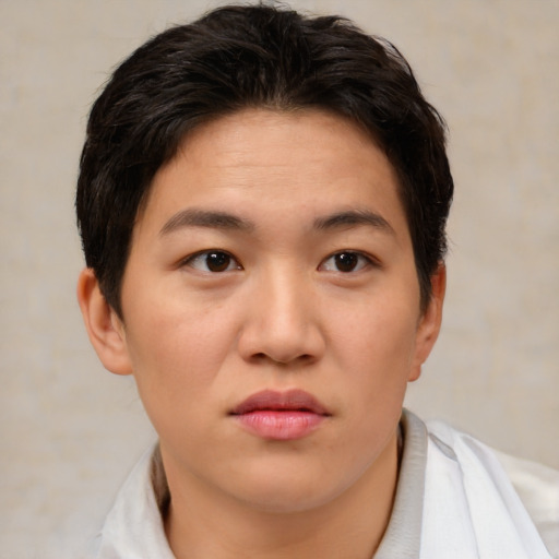 Joyful asian young-adult female with short  brown hair and brown eyes