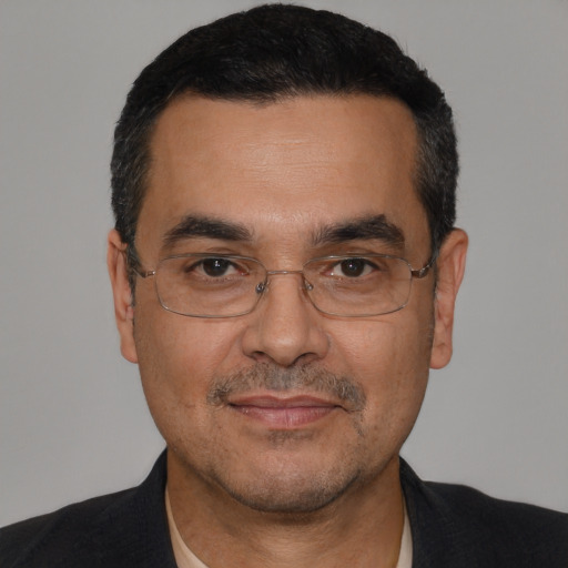 Joyful white adult male with short  black hair and brown eyes