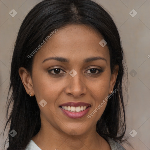 Joyful latino young-adult female with long  brown hair and brown eyes