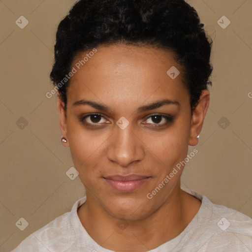 Neutral latino young-adult female with short  black hair and brown eyes