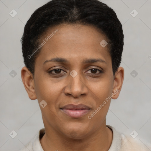 Joyful black young-adult female with short  brown hair and brown eyes